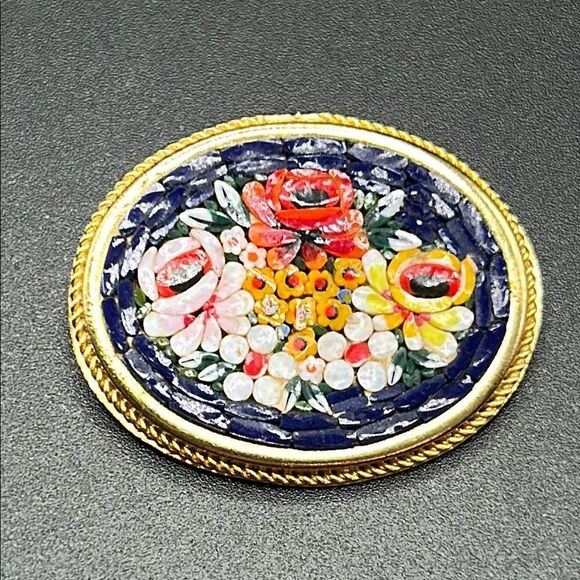 VTG Italian Micro Mosaic Floral Colorful Oval Brooch Pin - Picture 1 of 5